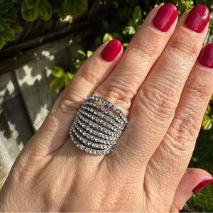Statement Ring Silver Tone 9 Row Rhinestone Size 7